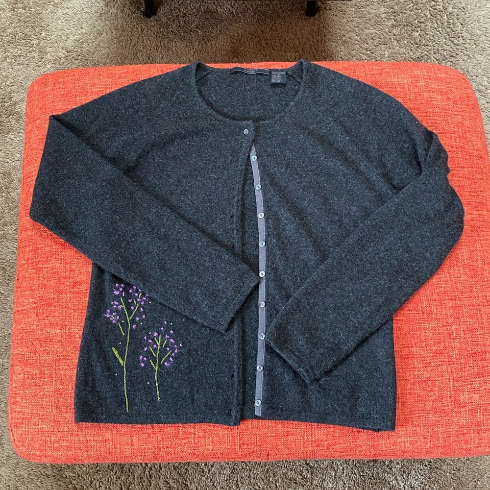 VTG 90s Easel Grey 100% Cashmere Sweater Cardigan Embroidery Flower Design